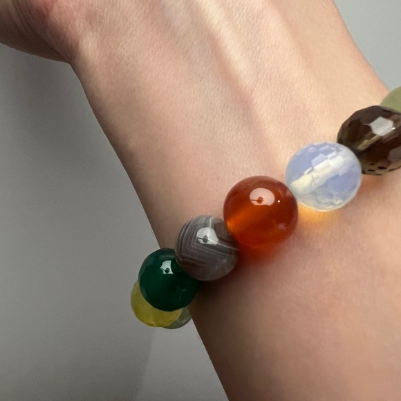 Semiprecious gemstone rainbow round bead chunky bauble beaded stacking bracelet - Picture 14 of 17